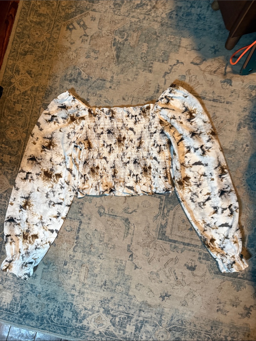 SHEIN NWOT White Crop Top with Brown and Black Tie-Dye